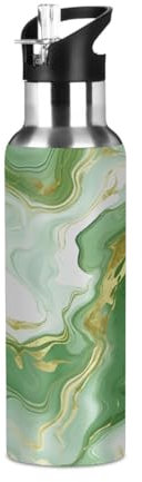 Mexpekil Green Marble 600ml Insulated Water Bottle with Straw Lid Stainless Steel Thermos Bottle Vacuum Flask Leakproof Travel Sports Water Bottles for Running Cycling Hiking