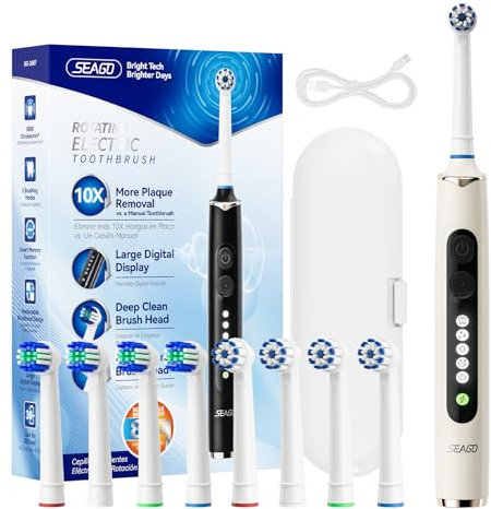 Seago Cepillo Electrico Recargable, Cepillo de Dientes Eléctrico Rotativo con Estuche de Viaje, 8 Cabezas para la familia, 5 Modos, Temporizador 2 Min,IPX7, SG2607, Beige