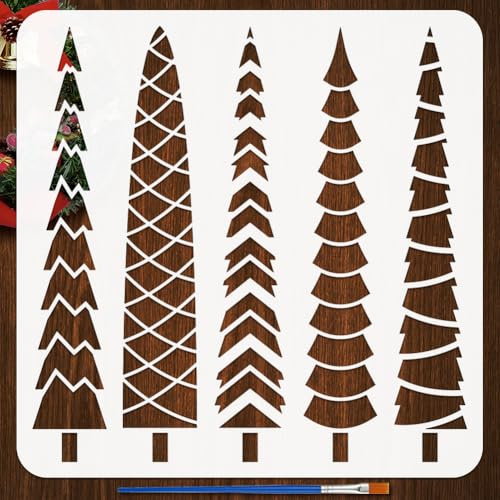 FINGERINSPIRE Schablone Für Hohen Weihnachtsbaum Mit 1 Kunststoffpinsel 30x30cm 5 Stile Winter Muster Für Hohe Bäume Zeichenschablone Mit Weihnachtsmotiv Vorlage Zum Bemalen von Holzmöbeln Dekoration