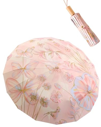 Meichoon UPF50+ Paraguas Grande Protección UV Upgrade Fibra de vidrio de doble hueso engrosada Elegante y duradera 16 huesos a prueba de viento Compacto Viaje Sol y lluvia Sombrilla Flor Vintage