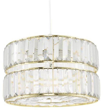 Chic Designer Double Tier Easy Fit Pendant Shade with Rows of Clear Acrylic Prisms | 15cm x 25cm | Polished Gold Plated Metal Frame by Happy Homewares