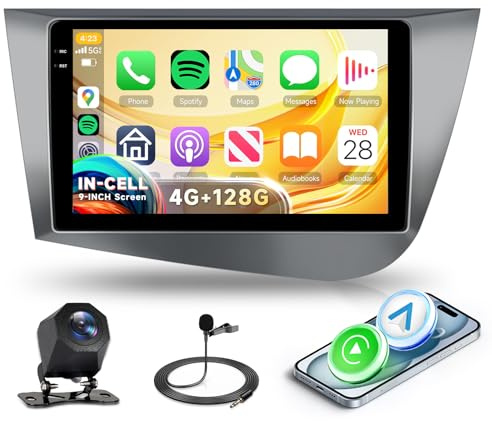 4G+128G Radio Coche Android para Seat León MK2 2005-2012 Rimoody 9'' Pantalla IN-Cell con Carplay Android Auto Inalámbrico Navegación GPS Mirror Link Bluetooth WiFi/FM/RDS/EQ/SWC Cámara Trasera