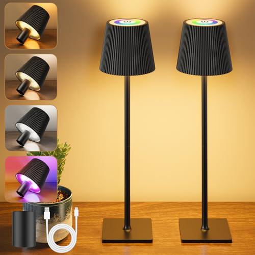 YICAIZI LED Tischlampe 2 Stück Kabellos Akku Tischlampen mit Flaschenverschluss & RGB, Stufenlos Dimmbar Aufladbar Tischleuchte mit 3 Farbtemperatur für Outdoor, Wohnzimmer, Schlafzimmer, Schwarz