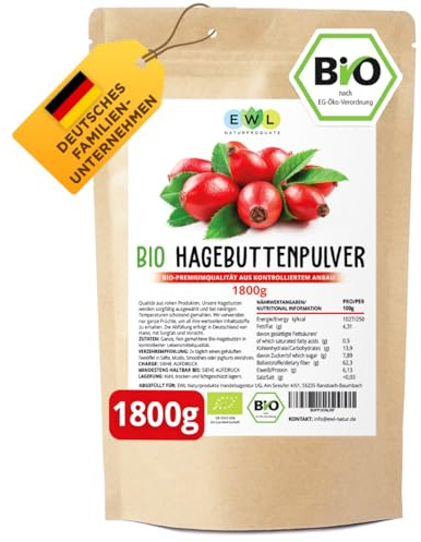 EWL BIO Hagebuttenpulver 1,8kg | Rohkostqualität | ganze Früchte gemahlen | Aus 100% Hagebutte | Vegan & ohne Zusätze | Aus kontrolliert biologischem Anbau | Abfüllung in Deutschland | Vorrat XXL