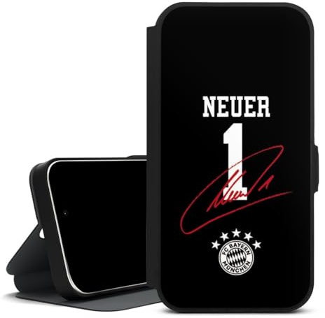 Handyhülle aus Leder schwarz kompatibel mit Apple iPhone 14 Pro Klapphülle mit Ständer Flip Case FC Bayern München FCB Manuel Neuer