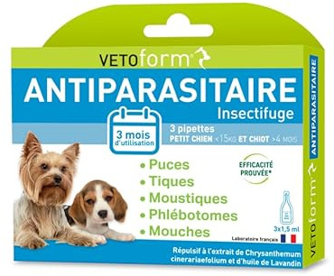 VETOFORM - Pipettes Antiparasitaires Petit Chien et Chiot - 3x1,5ml | Moins de 15 Kg et > 4 mois - Anti-Puces & Anti-Tiques, 3 Pipettes Spot-on, 3 mois d'Action Répulsive et Fabriqué en France