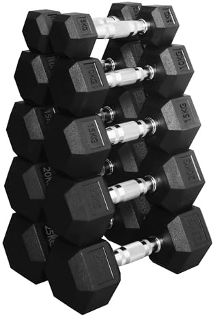 Hex Dumbbells Weight Set 5 Pairs (2.5kg–30kg) | Rubber Encased Cast Iron Dumbbells | Strength Training Equipment for Home Gym, Fitness & Workout (Without Rack-Black, 2x(5+10+15+20+25)150Kg)