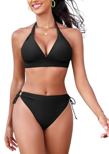 FemiChic Bikini Damen Set Triangel Oberteil mit Knotendetail String Neckholder Bikinitop für Große Brüste Abnehmbare Pads Badeanzug Retro Sport