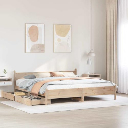 Mandloder Massivholzbett 180x200 cm Kiefernholz, unbehandelt, mit Lattenrost, 2 Bettschubladen auf Rollen, stabiles Bettgestell für Schlafzimmer, Erwachsene