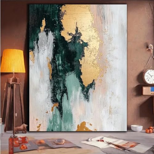 Modernes abstraktes Leinwandbild, gold-grün strukturiertes Gemälde, zeitgenössische Kunst für Wohnzimmer, Wohndekoration 40x55cm/16x22in