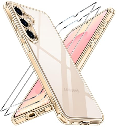 ivoler Nie Vergilbung HD Klar Hülle für Samsung Galaxy S25 5G, Nicht für S25 FE, mit 2 Panzerglas, Militärisch Stoßfest Kratzfest Dünn Transparente Schutzhülle - Gold