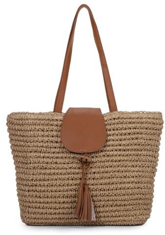 Freiesoldaten Sommer Strohtasche für Damen Groß Gewebte Strandtasche Schultertasche Handtasche mit Henkel und Quaste für Reisen und Urlaub