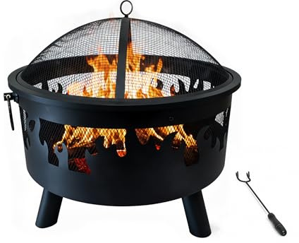 Relaxdays Feuerschale, Ø Schale 64 cm, Funkenschutz, Schürhaken, Stahl, Flammen-Design, Feuerstelle Garten, schwarz