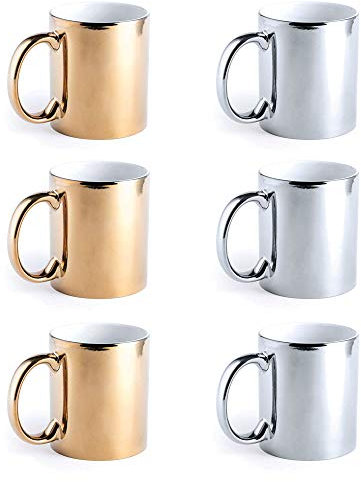 eBuyGB Metallic Large 350ml Ceramic Tea Coffee Mugs, Set of 6 (Mixed)