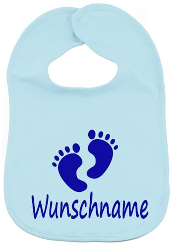 Elefantasie Lätzchen mit Name personalisiert aus 100% Baumwolle Babylätzchen doppellagiger weicher Stoff 38cm lang hellblau Motiv Füßchen