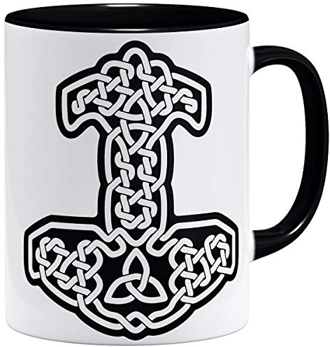 OM3® Thors-Hammer Tasse - Keramik Becher - 11oz 325ml - Vikings Wikinger Symbol Logo Nordic Warrior - Schwarz