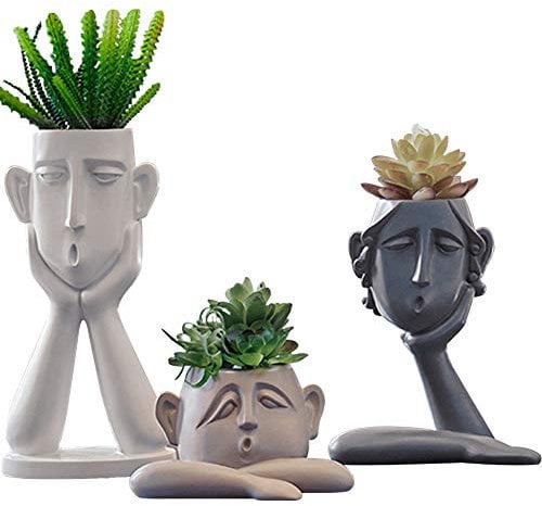 Kelendle 3 Pack Indoor Outdoor Heads Planter Resin Succulent Planter Vase Abstract Statue Planter Urn Home Garden Decor Face Sculpture Office Decoration