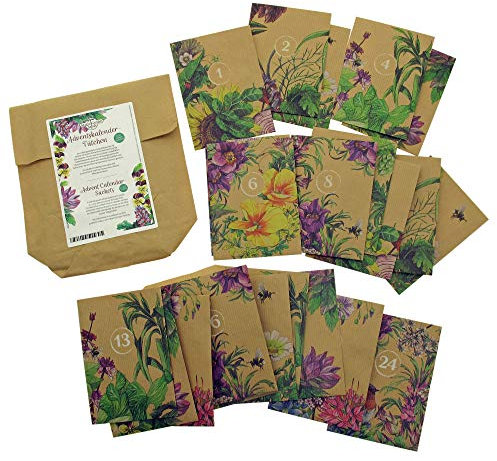 24 Adventskalender-Tütchen zum Selbstbefüllen aus braunem Packpapier, bedruckt mit wunderschönen bunten Pflanzenillustrationen und Nummern