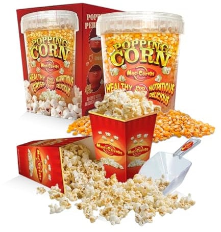 MacCorns Top Grade U.S.A Popping Corn with 12 Popcorn Cartons & 1 Serving Scoop - 1ltr Tub Corn Kernels for Traditional Popping & All Popcorn Machines - Resealable & Reusable