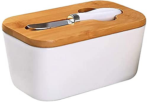 YRHH Butterdose aus Porzellan mit Holzdeckel und Silikonring Butterhalterbehälter Mini-Butter flach versiegelte Butter Frischhaltebox