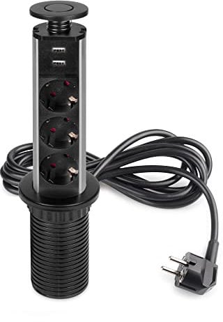Emuca - Blocco multipresa a scomparsa con 3 prese schEUo EU e 2 porte USB, torretta multipresa a scomparsa per piano lavoro di cucina o scrivania, Verniciato nero, Tecnoplastica e Alluminio