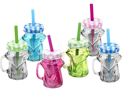 Lote de 20 Jarras con Asa de Cristal con Pajita en Colores Surtidos Zorros. Vajillas y Complementos. Regalos Originales para Niños y Niñas. Detalles para Comuniones, Cumpleaños, Bautizos y Bodas.