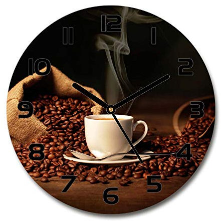 Tulup Horloge en Verre 60x60cm - Silencieuse sur Pied Salon Design La Mur Impression Verre Sécurité - Aiguilles d'horloge Noires - Café dans Une Tasse