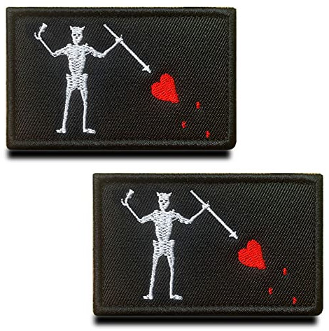 Zcketo 2 Pieces Black Beard Pirate Red Heart Military Embroidered Applique Hook & Loop Pirate Flag Emblem Patch for Attach to Clothes Jackets Jean Hat Vest Dogs Harness Collect(BBP)