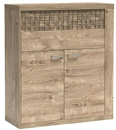 Marmex Natural N5 - Niedriger Schrank mit Schublade; Die Oberschränke haben eine Glasfront und einen Glasboden; Regal im Erdgeschoss hinter der Tür ohne Beleuchtung (Natural Gitter)