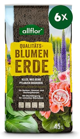 Allflor Blumenerde 6 x 45 L I gebrauchsfertige Universalerde I hochwertige Erde im 45 Liter Beutel I Für alle Balkon- und Zimmerpflanzen geeignet I Enthält alle wichtigen Pflanzennährstoffe