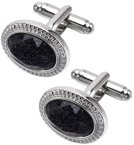 Jonwo Polyeder Schwarz Edelsteine Manschettenknöpfe für Herren In Geschenkbox Oval Manschettenknopf Men Cufflinks Hochzeit Hemd Party Geburtstag Jubiläum Kleid (Silber)