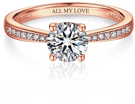 MomentWish Personalisiert Verlobungsring Damen, 1 Karat Moissanit Diamant Ring Damen, VVS1 D Farbe Rose 925 Sterling Silber, Verlobung Hochzeit Geschenk Ring für Frauen-Größe52