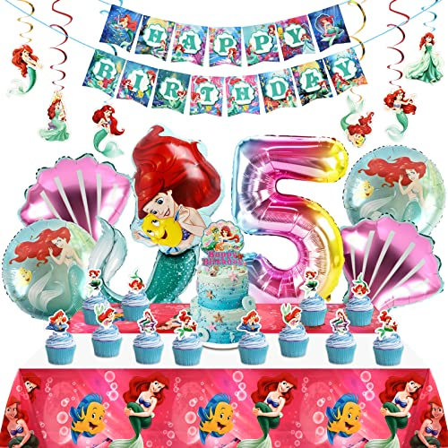 Meerjungfrau Geburtstag Deko, Meerjungfrauen Luftballon 5 Jahre, Party Luftballons Set, Meerjungfrau Kuchen Topper, Tischdecke, Happy Birthday Banner, Folienballons für Mädchen