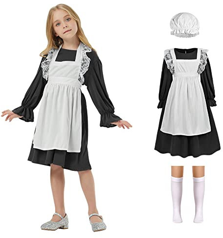 AOMIG Victorian Maid Costume for Girls, Village Medieval Dress with Mop Cap & White Socks, Kids Poor Girl Outfit Fancy Costumes Halloween Cosplay, World Book Day, Black (C2-S-Bl230324-FBA)