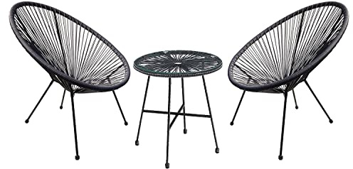 AGP ADVANCED GLOBAL PRODUCTIONS Garden Patio Furniture Set 3 Pieces, Acapulco Chair, Outdoor Seating, Glass Top Table and 2 Chairs, Indoor and Outdoor Conversation Set, Black