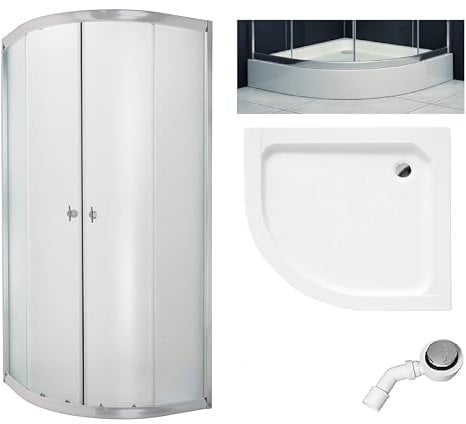 BADLAND Duschset Duschkabine & Duschwanne 80x80 180cm Halbrund Marbella Gefrorenes Glas 4mm und Duschtasse Weiß Alex mit Ablaufgarnitur Ø 50 mm