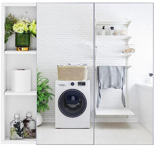 Yaheetech Armoire Murale Salle de Bain/Toilette, 2 Portes Miroirs, 3 Casiers Inverses, 1 Étagère Réglable en Hauteur, Meuble Placard WC, 70 × 15 × 65 cm Blanc