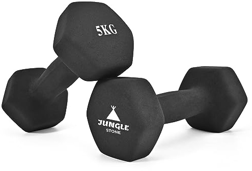 JUNGLE STONE Kurzhantel-Set, 2er-Set, für Heim-Fitness-Übung, rutschfeste Neopren-Handgewichte mit matter Oberfläche, schweißresistent, Fitnessübung, Hanteln (2 x 5 kg, schwarz)