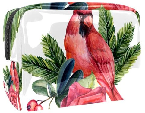 Trousse de maquillage en PVC avec motif oiseau avec baies de rose et branches d'épicéa pour femme, trousse de toilette de voyage, grande pochette de maquillage pratique avec fermeture éclair,
