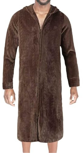 Beokeuioe Men's Dressing Gown Long Cotton Blanket Bathrobe Fluffy Bathrobe with Zip Women's Men's Fleece Robe House Coat Winter Sauna Gown Flannel Sleeping Gown, coffee, XL