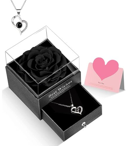 Birthday Gift For Her Mum Eternal Rose Flower Present For Women Preserved Real Rose With I Love You Necklace in Gift Box for Girlfriend Wife Daughter on Christmas Mothers Valentine's Day Anniversary
