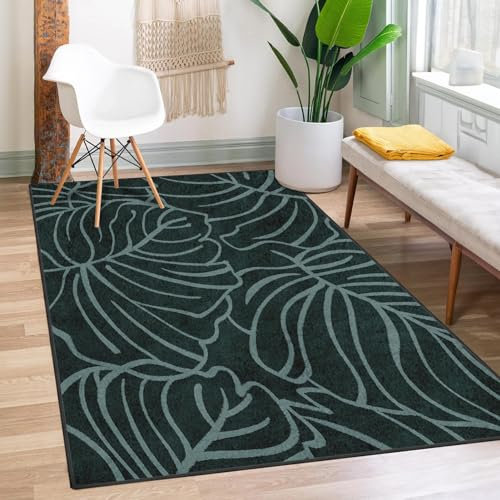 Bribay Teppich, waschbar und rutschfest, 90 x 150 cm, tropische Blätter, Monstera, Wohnzimmerteppich, Eingangstürmatte, Bodenmatte, Teppich für Schlafzimmer, Küche, Waschküche, Badezimmer