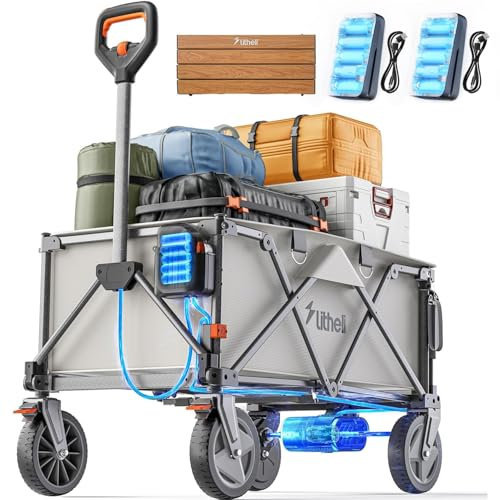 Litheli Elektrokarre Bollerwagen Faltbar, Handwagen Klappbar mit Bremsen 200L 60KG Belastbar, Faltbollerwagen geeignet für Camping, Garten, Strand, Einkauf (Beige, 2 Batterien+Tischplatte