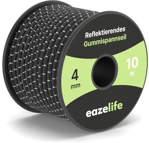 Gummiseil auf Rolle - reflektierend, wetterfest, zuschneidbar, hochelastisch, belastbar, vielseitiges Expanderseil für Anhänger, Segelsport, Angeln & Outdoor (schwarz, 4mm x 10m)