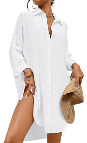 Tanmolo Damen Strandkleid Bikini Cover Up Sommer Strandbluse Strandhemd V-Ausschnitt Strandponcho Bademode Strand Vertuschen Shirt (Weiß,XXL)