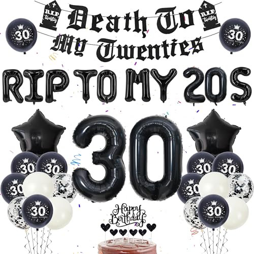 Rip Twenties 30.Geburtstag Party Deko - 56 Stück 30 Geburtstag Deko Death To My Twenties Banner Zahlen 30 Ballon Rip To My 20s Folienballon Latexballon Kuchendeko für Männer Frauen 30.Geburtstag