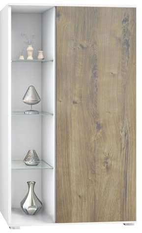 Vladon Vitrine Davos, Made in Germany, Standvitrine mit 3 Glasböden und 8 Fächer, Weiß matt/Eiche Ribbeck (71,5 x 134 x 35 cm)