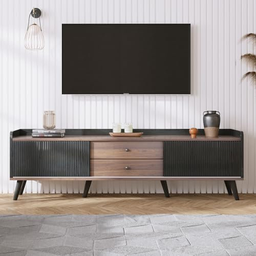 EASTALOLO TV Schrank mit Zwei Schubladen TV Board Lowboard Schiebetüren Schwarz und Holz 160x40x50 cm, Zuhause Wohnzimmer TV möbel, Schwarz und braun
