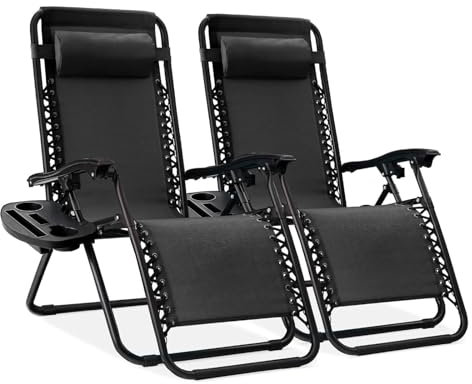 EIGFOH Tumbonas Plegables,Jardin Exterior Silla de Playa con Portavasos y Reposacabezas,Silla de Playa Ajustable para Jardín,Piscina,Terraza,Carga de 150 KG (Negro 2 Tumbonas)