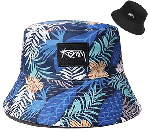 Malaxlx Damen Pflanze Muster Schwarz Fischerhut Bucket Hat Anglerhut Sonnenhut Reversibel Fischerhüte Sommerhut Faltbarer Strandhut Draussenhut